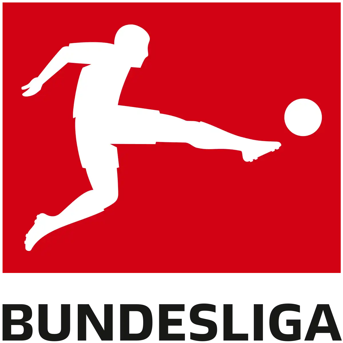 Silueta blanca de un jugador de fútbol pateando un balón sobre la palabra Bundesliga.